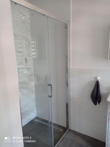 y baño con ducha y puerta de cristal. en Apartament Pod Wiśnią, en Supraśl
