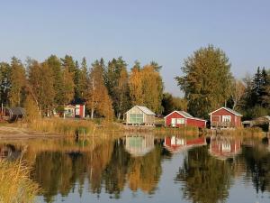 a view of a lake with houses and trees at Huset Alvina in Korsnäs