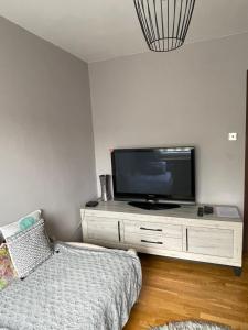 a living room with a flat screen tv and a bed at Apartament Siewna-moje miejsce na idealne wakacje in Kraków