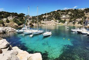 a group of boats are docked in a harbor at La Terrasse Ensoleillée de Sausset - Côte Bleue in Sausset-les-Pins