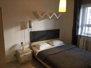 Un dormitorio con una cama y una lámpara y una ventana. en Apartament Stanczyka 2, en Varsovia