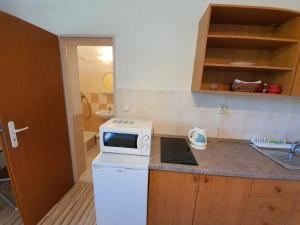 a small kitchen with a stove and a microwave at Ubytovanie LISKA in Radava +192 photos