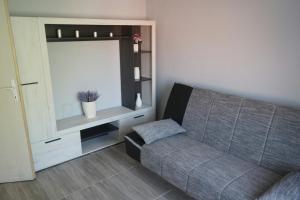 a living room with a couch and a mirror at Smestaj Djordjevic in Pirot