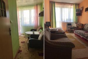 two pictures of a living room with green walls at Pokoje gościnne U Wandy in Ostrowo