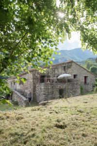una vieja casa de piedra en un campo con una sombrilla en Location Mas avec Piscine Haut Vallespir, en Le Tech