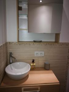 ein Badezimmer mit einem weißen Waschbecken und einem Spiegel in der Unterkunft Terre des marais in Marchésieux