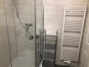 a bathroom with a shower with a glass door at Ferienwohnung "Ankerplatz" mit 2 Schlafzimmern in Rheinsberg +12 photos