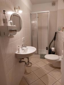 a bathroom with a sink and a toilet and a shower at Apartment Blütenstadt Werder im Souterraine in Werder