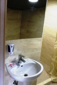 een badkamer met een witte wastafel en een spiegel bij Вилла ALEX in Vinnytsya