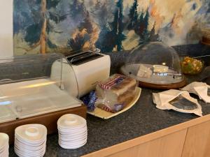 a kitchen counter with a toaster and plates on a counter at Hotel Schneeberger in Niederau