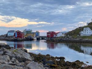 un grupo de casas en la orilla de un cuerpo de agua en NyksundRom - small holiday flat, en Nyksund