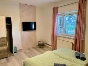 a bedroom with a bed and a flat screen tv at Rooms Optim in Ptuj