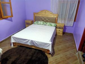 a small bedroom with a bed and a purple wall at Jardin de rayane in Essaouira +16 photos