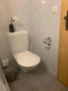 a bathroom with a toilet with a flower on top of it at FeWo Gotschna Haus Bargis in Klosters Dorf