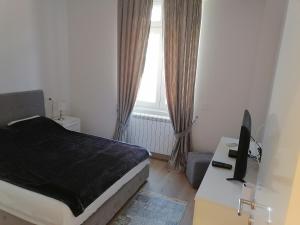 a bedroom with a bed and a desk with a television at Beograd centar in Belgrade