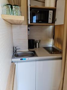 a small kitchen with a sink and a microwave at Alfa Relax Apartments in Saturn