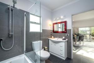 a bathroom with a toilet and a sink and a shower at TWO FOUR COLOGNE in Martinborough 