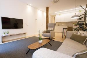 sala de estar con sofá y TV en la pared en ATSEGIN apartment - Opción a parking -, en San Sebastián