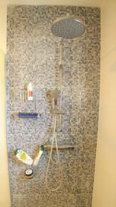 a shower in a bathroom with a tile wall at The Duke in Šibenik +35 photos