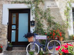 a blue bike parked in front of a building with flowers at Casetta nel Borgo in Olevano Romano