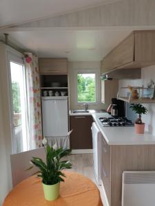 a kitchen with a stove and a table in it at Tiny House Natur-Traum Zur Burg Eltz in Wierschem