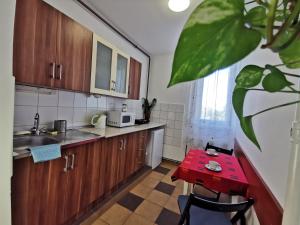 una cocina con armarios de madera y una mesa roja en Acceptus Domus en Szombathely