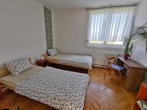 1 Schlafzimmer mit 2 Betten, einem Schreibtisch und einem Fenster in der Unterkunft Acceptus Domus in Szombathely