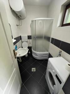 un bagno con doccia, WC e lavandino di Underwoods Žabljak Guesthouse a Žabljak