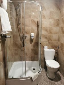 a bathroom with a shower and a toilet at Prymus in Radom