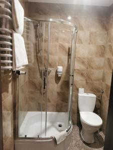 a bathroom with a shower with a toilet and a sink at Prymus in Radom