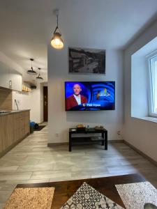 a living room with a flat screen tv on the wall at Szczawno in Szczawno-Zdrój
