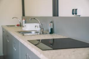 a kitchen counter with a sink and two faucets at Natur Camp Birštonas in Birštonas +42 photos