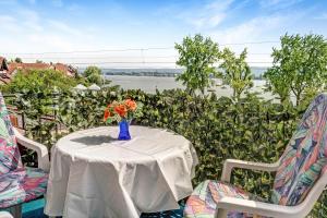 een tafel met een vaas met bloemen op een balkon bij Reichenaublick in Allensbach