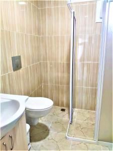 een badkamer met een douche, een toilet en een wastafel bij Gurkan Apart Hotel in Dalyan