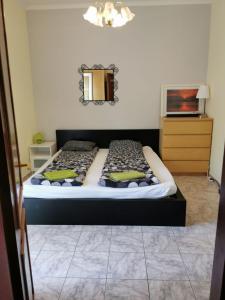 ein Schlafzimmer mit einem Bett mit einem schwarzen Bettrahmen in der Unterkunft Silver Beach Resort in Zamárdi