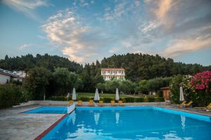 a large swimming pool with a house in the background at Julia Hotel in Fourka
