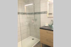 baño con ducha y puerta de cristal en Grand T2 4 voyageurs tout confort en Cauterets