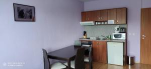 eine kleine Küche mit Tisch und Mikrowelle in der Unterkunft Predela 1 - Studio 10 near Bansko Ski Lift in Bansko