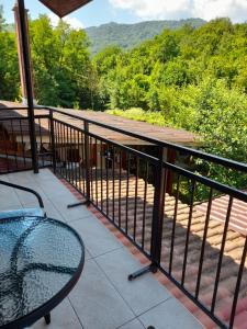a balcony with a table and a view of the mountains at Casa Zoe Seaca in Călimăneşti