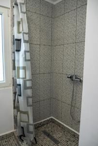 a shower with a glass door in a bathroom at Poiana cu flori in Satu Mare