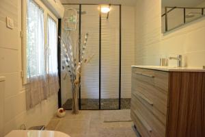 een badkamer met een douche en een vaas met bloemen bij Maison Matachot in Orthez +45 foto's