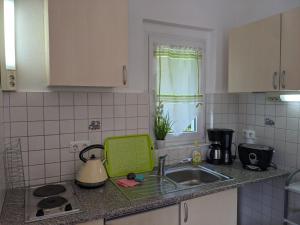 a kitchen with a sink and a counter top at Ferienbungalows am Jabelschen See in Jabel