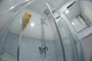 a shower in a bathroom with a glass wall at Apartment DobraYa Blue in Novi Sad +37 photos