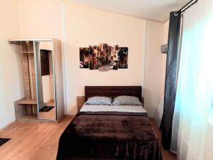 una piccola camera con letto e specchio di Studio apartments in center MINI 5/5 a Ivano-Frankivsʼk