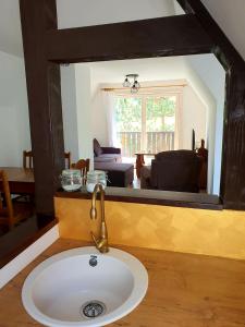 a bathroom with a sink and a living room at Penzión na Hálni in Nižná Boca +25 photos