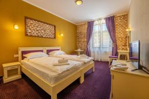 Schlafzimmer mit einem Bett, einem Schreibtisch und einem TV in der Unterkunft Hotel PrincesSophie in Sighişoara