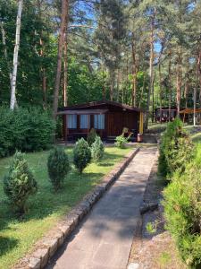 una cabaña en el bosque con un camino que conduce a ella en Ośrodek Wczasowy WARMA, en Grudziądz