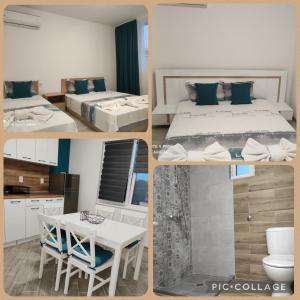 a collage of four pictures of a bedroom and a bed at Вила TIMeS in Kiten
