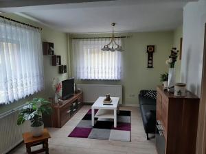 ein Wohnzimmer mit einem Sofa und einem Tisch in der Unterkunft Ferienhaus Rosemarie Erlbach Vogtland in Erlbach