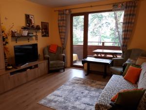 a living room with a couch and a television at Апартамент Allegri Padrini Комплекс Вели Хилс in Velingrad